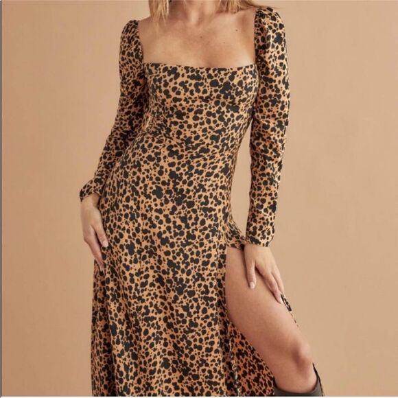 Reformation Sigmund Square Neck Midi Dress In Leopard Blitz Print - Picture 1 of 9